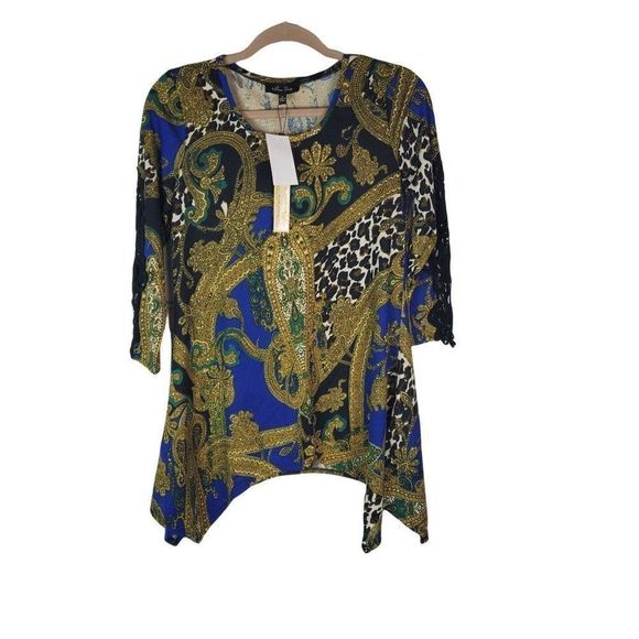 Melissa Paige Top 3/4 Sleeve With Lace Asymmetrical Hem Leopard Size Small - Picture 1 of 10